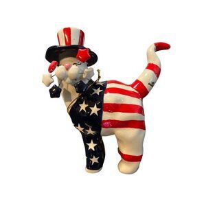 Patriotic Ceramic Cat Figurine 2002 By Whimsiclay Annaco Creations With USA Flag